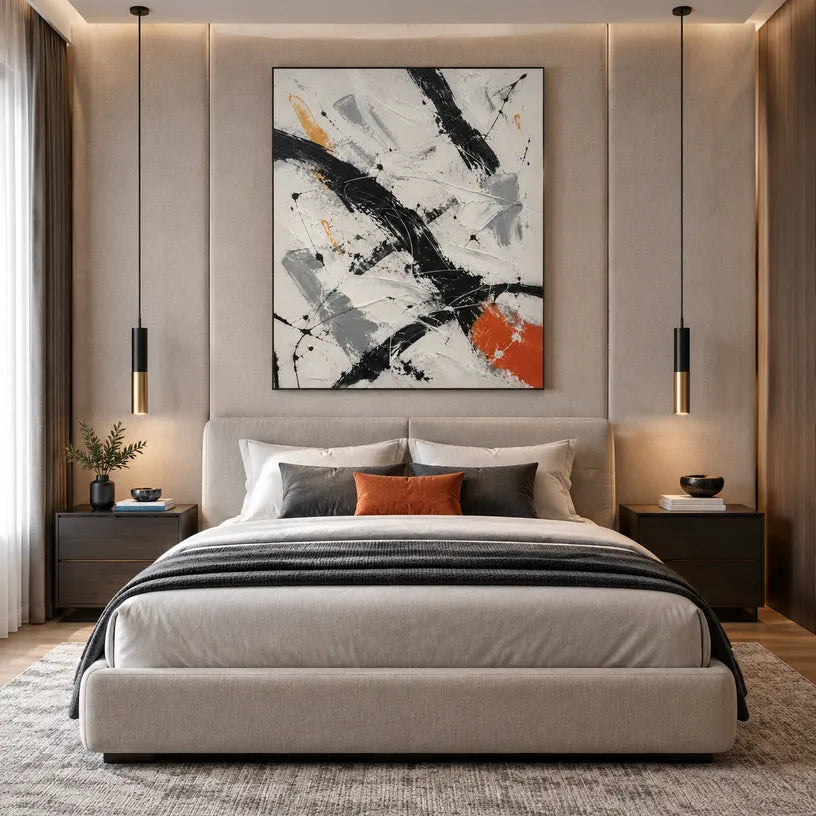 Abstract Expressionist abstract oil painting showing black and white brushwork with a small orange accent, contemporary wall art.