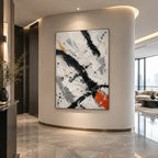 Abstract Expressionist abstract oil painting showing black and white brushwork with a small orange accent, contemporary wall art.