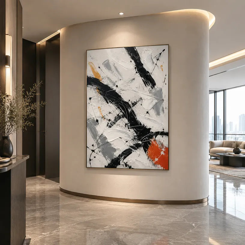 Abstract Expressionist abstract oil painting showing black and white brushwork with a small orange accent, contemporary wall art.