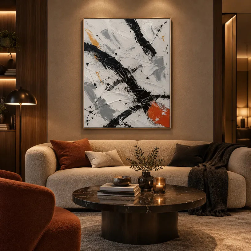 Abstract Expressionist abstract oil painting showing black and white brushwork with a small orange accent, contemporary wall art.