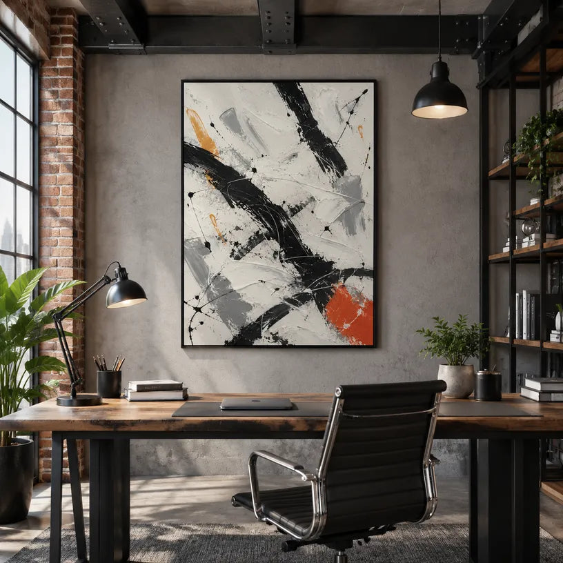 Abstract Expressionist abstract oil painting showing black and white brushwork with a small orange accent, contemporary wall art.