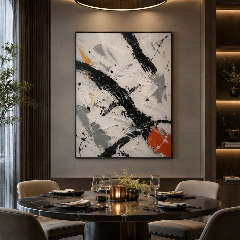 Abstract Expressionist abstract oil painting showing black and white brushwork with a small orange accent, contemporary wall art.