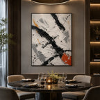 Abstract Expressionist abstract oil painting showing black and white brushwork with a small orange accent, contemporary wall art.