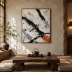 Abstract Expressionist abstract oil painting showing black and white brushwork with a small orange accent, contemporary wall art.
