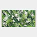 Abstract Expressionist abstract oil painting showing layered abstract marks, texture and expressive painterly movement in a green palette.