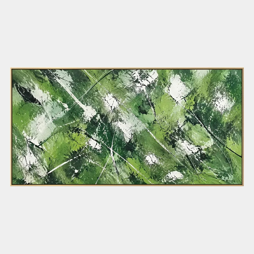 Abstract Expressionist abstract oil painting showing layered abstract marks, texture and expressive painterly movement in a green palette.