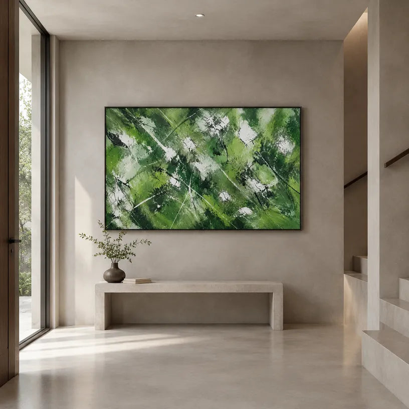 Abstract Expressionist abstract oil painting showing layered abstract marks, texture and expressive painterly movement in a green palette.