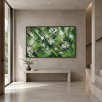 Abstract Expressionist abstract oil painting showing layered abstract marks, texture and expressive painterly movement in a green palette.