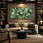 Abstract Expressionist abstract oil painting showing layered abstract marks, texture and expressive painterly movement in a green palette.