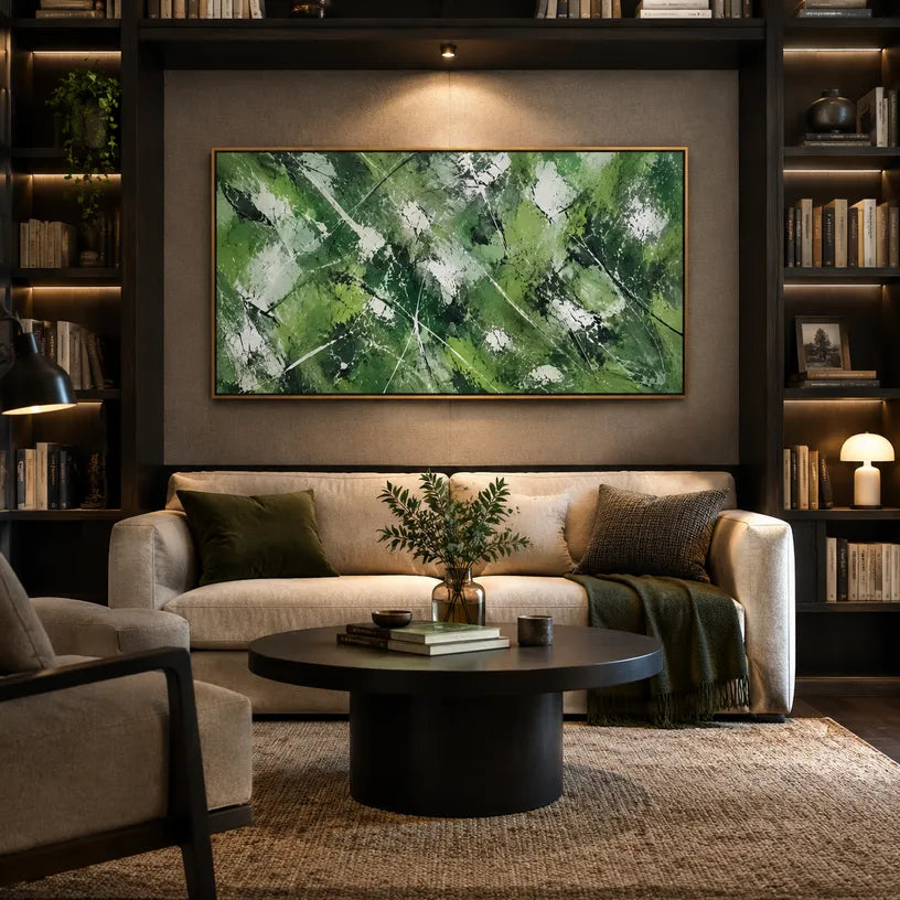 Abstract Expressionist abstract oil painting showing layered abstract marks, texture and expressive painterly movement in a green palette.