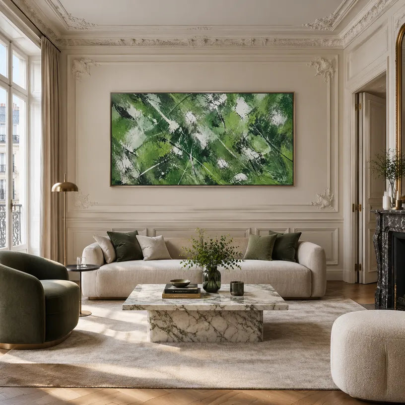 Abstract Expressionist abstract oil painting showing layered abstract marks, texture and expressive painterly movement in a green palette.