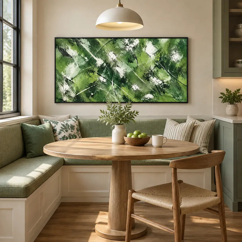 Abstract Expressionist abstract oil painting showing layered abstract marks, texture and expressive painterly movement in a green palette.