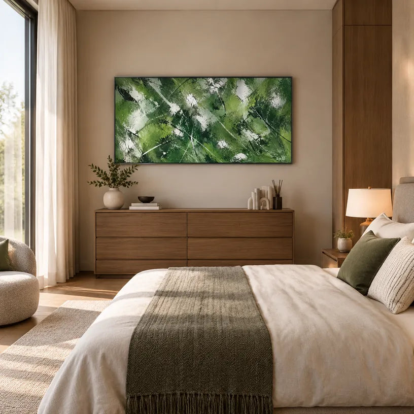 Abstract Expressionist abstract oil painting showing layered abstract marks, texture and expressive painterly movement in a green palette.