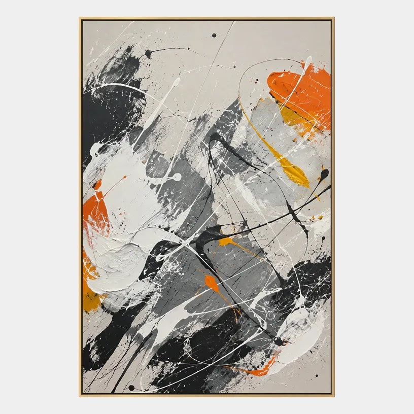 Abstract Expressionist abstract oil painting showing grey, white and orange layered brush marks in a grey palette, contemporary wall art.