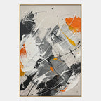 Abstract Expressionist abstract oil painting showing grey, white and orange layered brush marks in a grey palette, contemporary wall art.