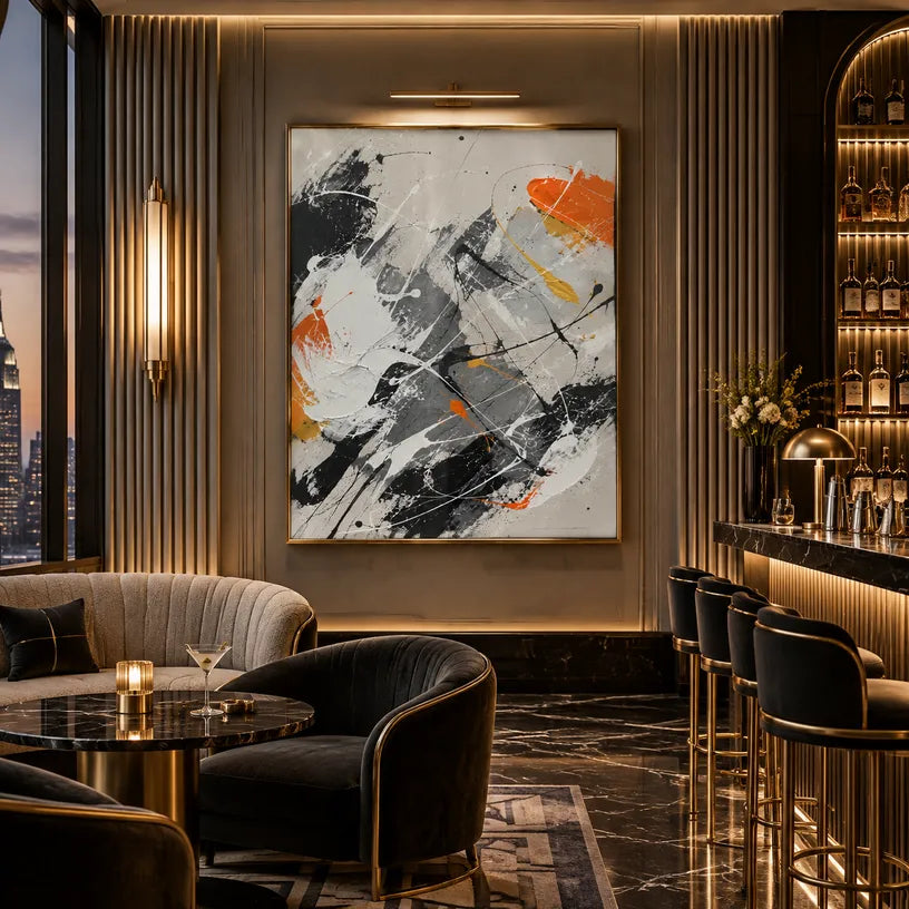 Abstract Expressionist abstract oil painting showing grey, white and orange layered brush marks in a grey palette, contemporary wall art.