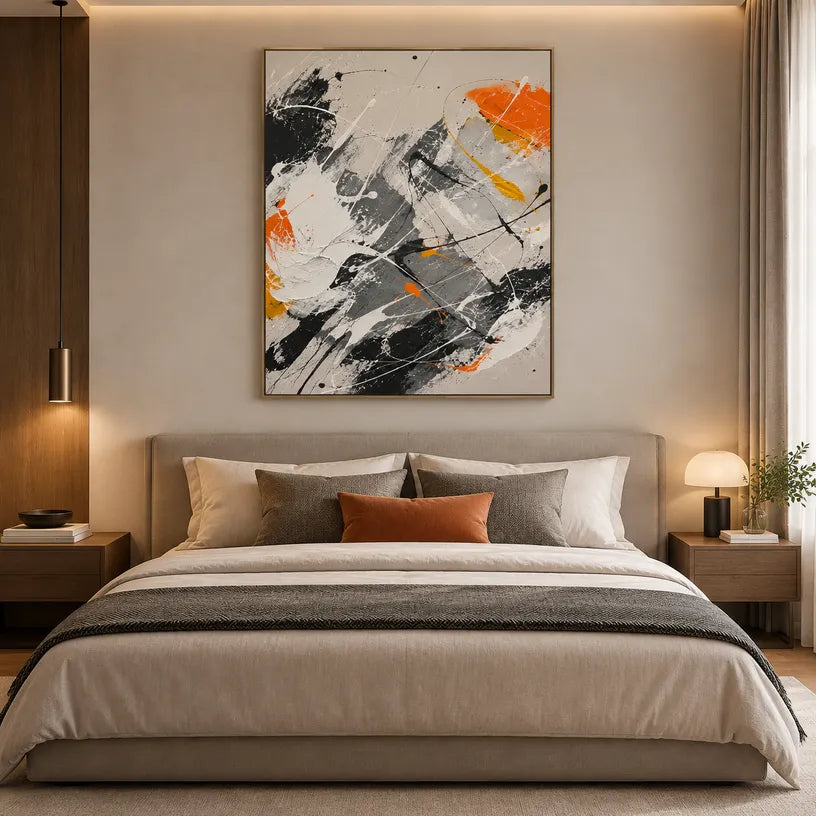 Abstract Expressionist abstract oil painting showing grey, white and orange layered brush marks in a grey palette, contemporary wall art.