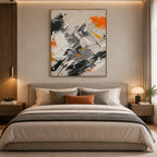 Abstract Expressionist abstract oil painting showing grey, white and orange layered brush marks in a grey palette, contemporary wall art.