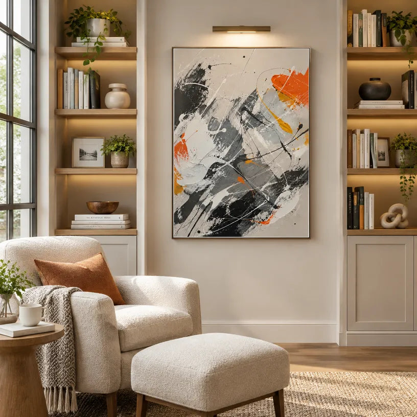 Abstract Expressionist abstract oil painting showing grey, white and orange layered brush marks in a grey palette, contemporary wall art.