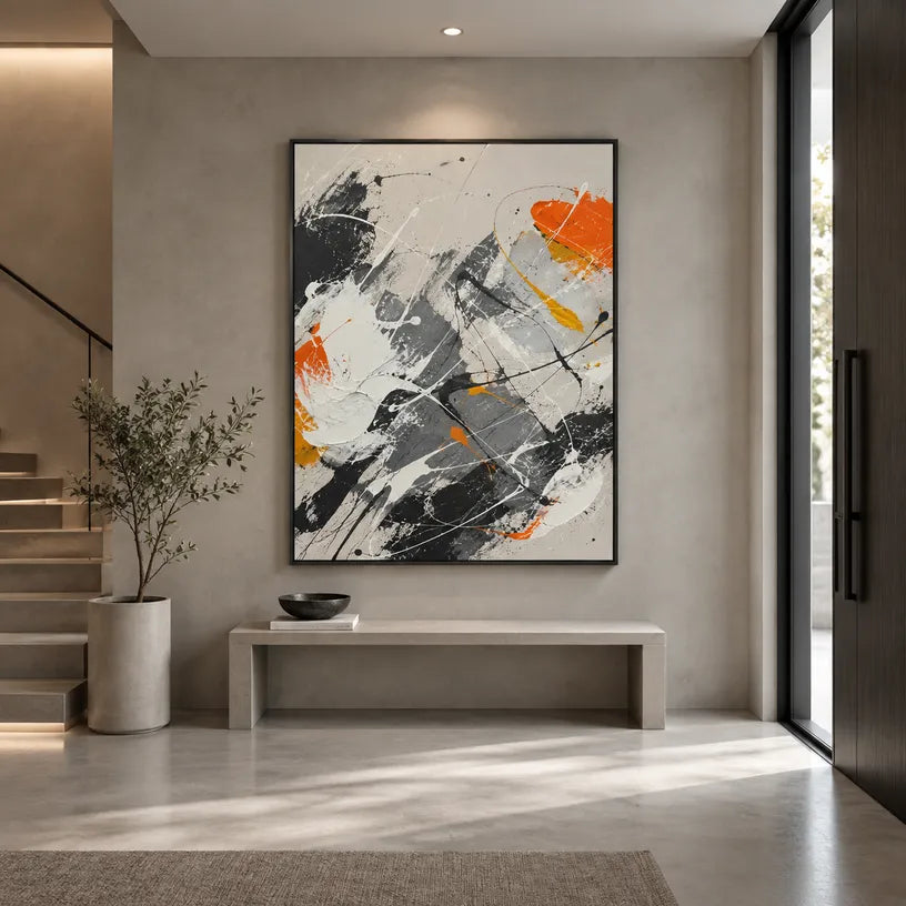 Abstract Expressionist abstract oil painting showing grey, white and orange layered brush marks in a grey palette, contemporary wall art.