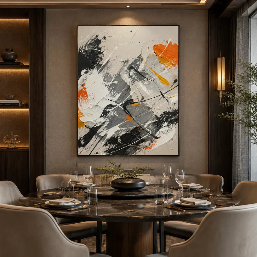 Abstract Expressionist abstract oil painting showing grey, white and orange layered brush marks in a grey palette, contemporary wall art.