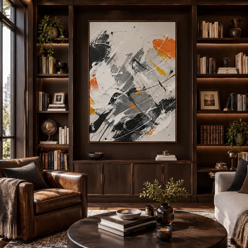 Abstract Expressionist abstract oil painting showing grey, white and orange layered brush marks in a grey palette, contemporary wall art.