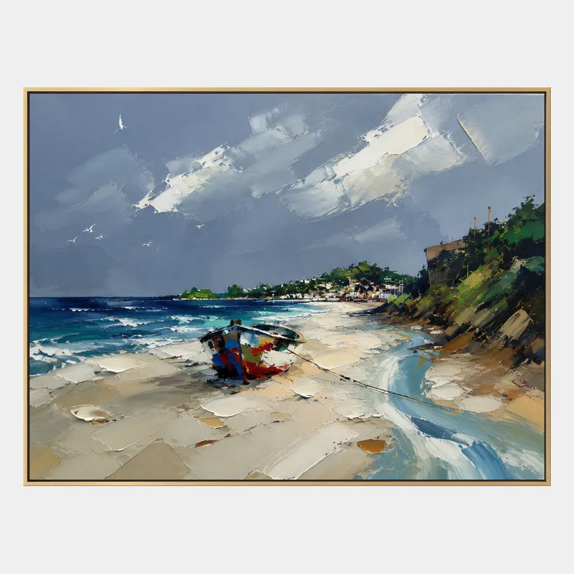 Abstract Expressionist landscapes & seascapes & cityscapes oil painting showing a painterly landscape with distant hills, trees or reflective water in a blue palette.