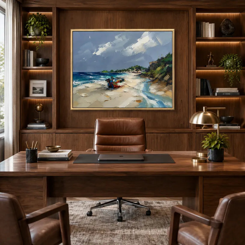 Abstract Expressionist landscapes & seascapes & cityscapes oil painting showing a painterly landscape with distant hills, trees or reflective water in a blue palette.