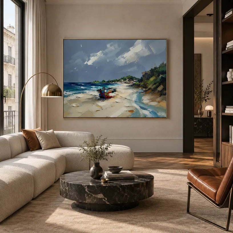 Abstract Expressionist landscapes & seascapes & cityscapes oil painting showing a painterly landscape with distant hills, trees or reflective water in a blue palette.