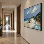 Abstract Expressionist landscapes & seascapes & cityscapes oil painting showing a painterly landscape with distant hills, trees or reflective water in a blue palette.