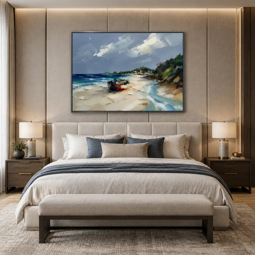 Abstract Expressionist landscapes & seascapes & cityscapes oil painting showing a painterly landscape with distant hills, trees or reflective water in a blue palette.