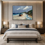 Abstract Expressionist landscapes & seascapes & cityscapes oil painting showing a painterly landscape with distant hills, trees or reflective water in a blue palette.