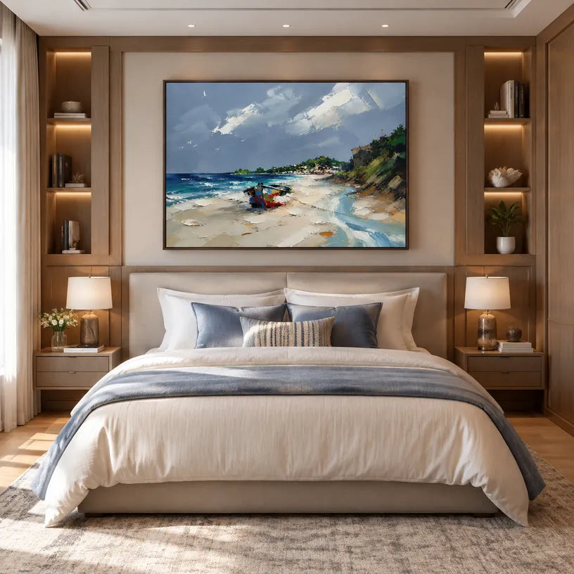 Abstract Expressionist landscapes & seascapes & cityscapes oil painting showing a painterly landscape with distant hills, trees or reflective water in a blue palette.