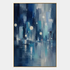 Abstract Expressionist landscapes & seascapes & cityscapes oil painting showing a city scene with cool blue light in a blue palette, contemporary wall art.