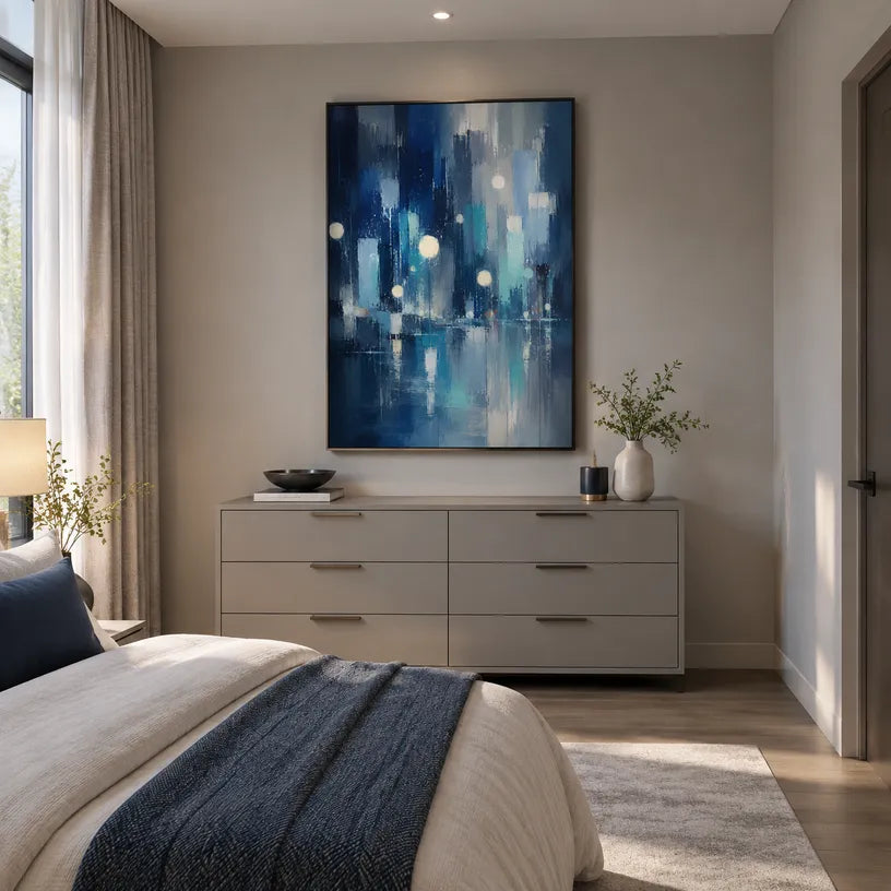 Abstract Expressionist landscapes & seascapes & cityscapes oil painting showing a city scene with cool blue light in a blue palette, contemporary wall art.