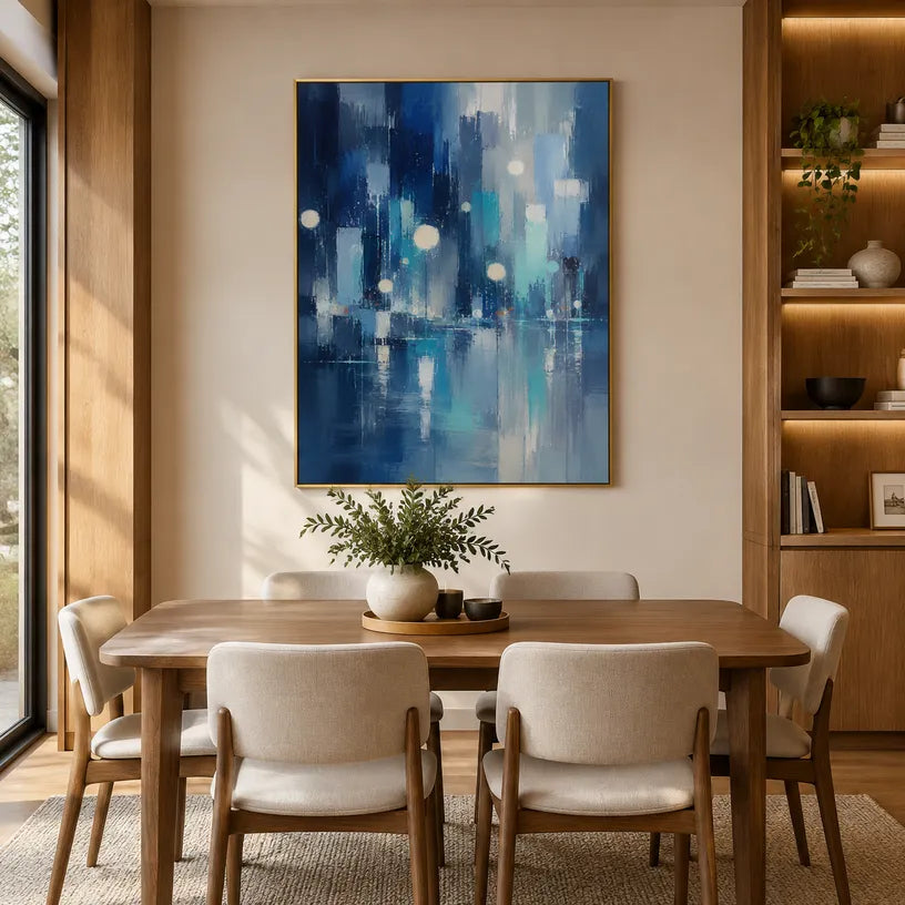 Abstract Expressionist landscapes & seascapes & cityscapes oil painting showing a city scene with cool blue light in a blue palette, contemporary wall art.