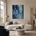 Abstract Expressionist landscapes & seascapes & cityscapes oil painting showing a city scene with cool blue light in a blue palette, contemporary wall art.