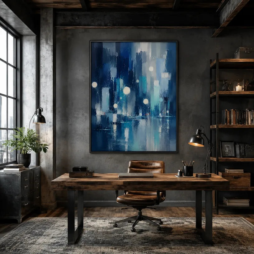 Abstract Expressionist landscapes & seascapes & cityscapes oil painting showing a city scene with cool blue light in a blue palette, contemporary wall art.
