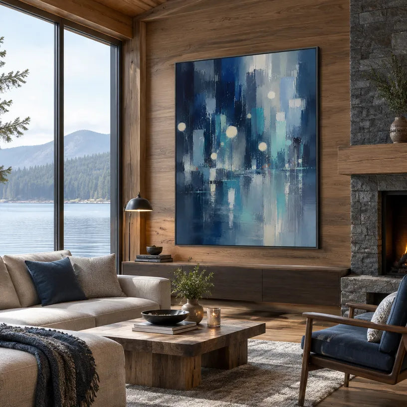 Abstract Expressionist landscapes & seascapes & cityscapes oil painting showing a city scene with cool blue light in a blue palette, contemporary wall art.