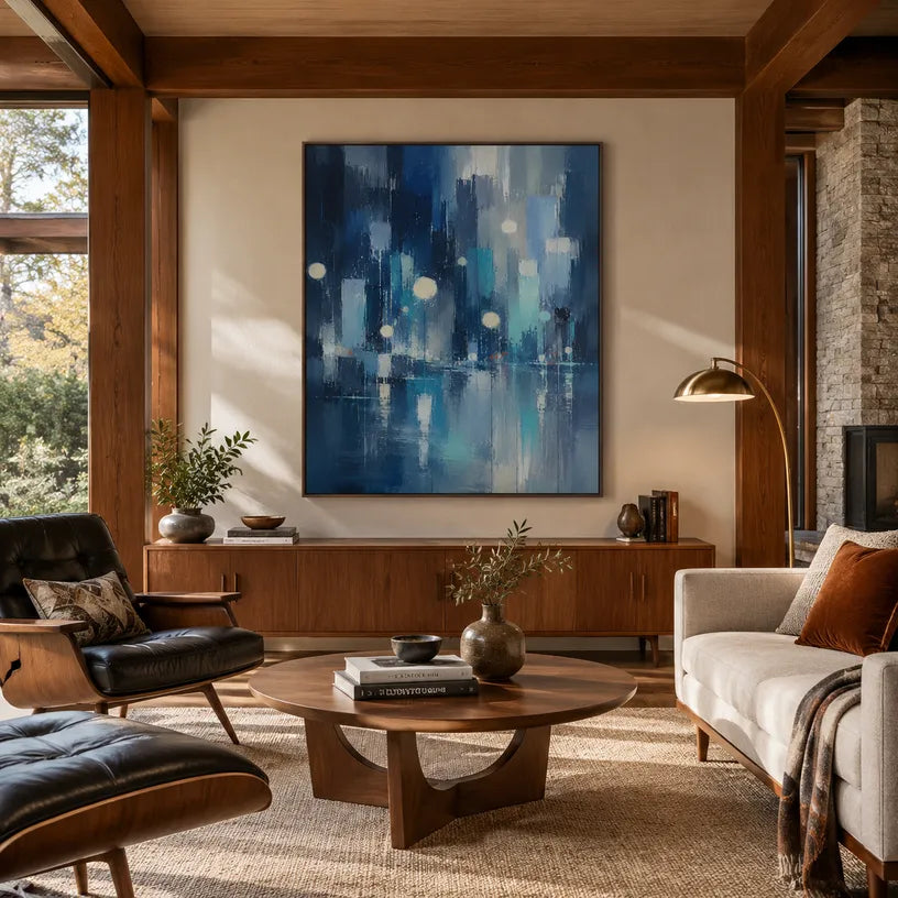 Abstract Expressionist landscapes & seascapes & cityscapes oil painting showing a city scene with cool blue light in a blue palette, contemporary wall art.