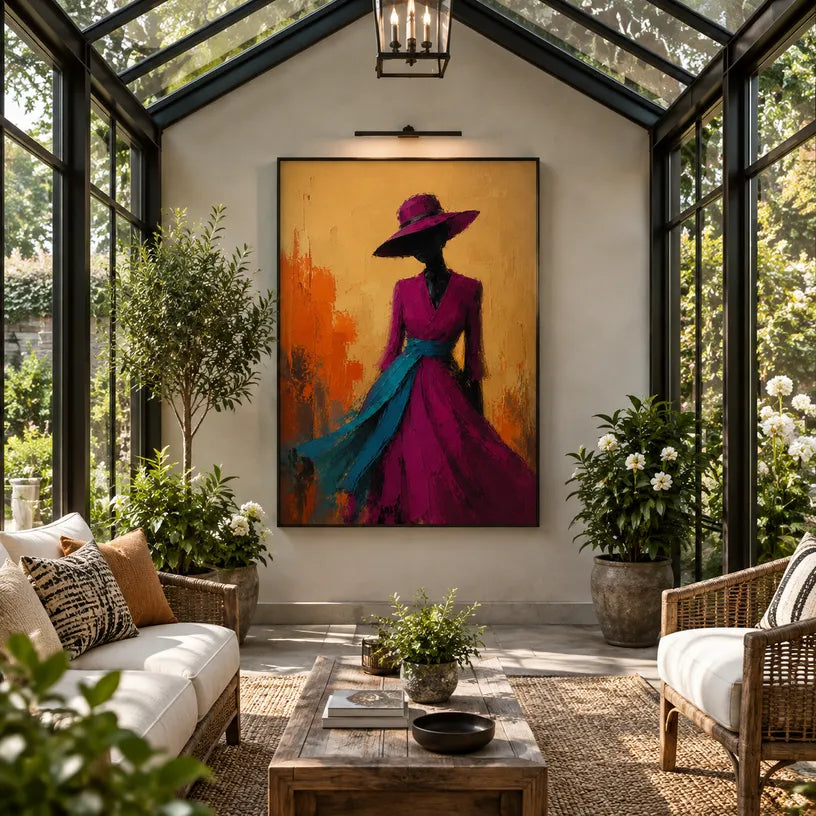 Abstract Expressionist portraiture & figure oil painting showing a stylized figure or portrait with expressive painterly shapes in a orange palette.