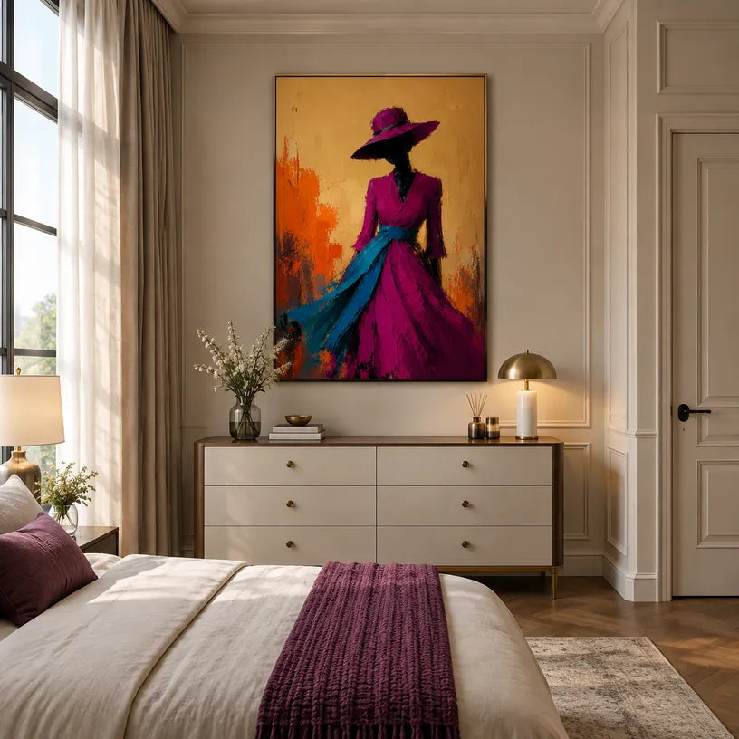 Abstract Expressionist portraiture & figure oil painting showing a stylized figure or portrait with expressive painterly shapes in a orange palette.