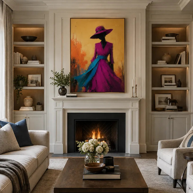 Abstract Expressionist portraiture & figure oil painting showing a stylized figure or portrait with expressive painterly shapes in a orange palette.
