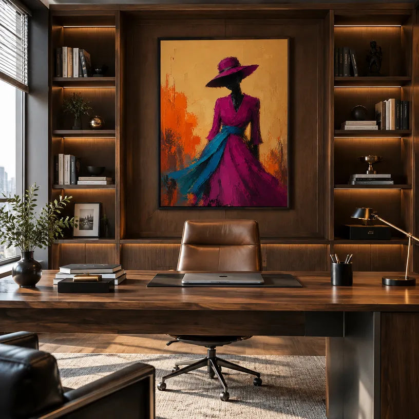 Abstract Expressionist portraiture & figure oil painting showing a stylized figure or portrait with expressive painterly shapes in a orange palette.