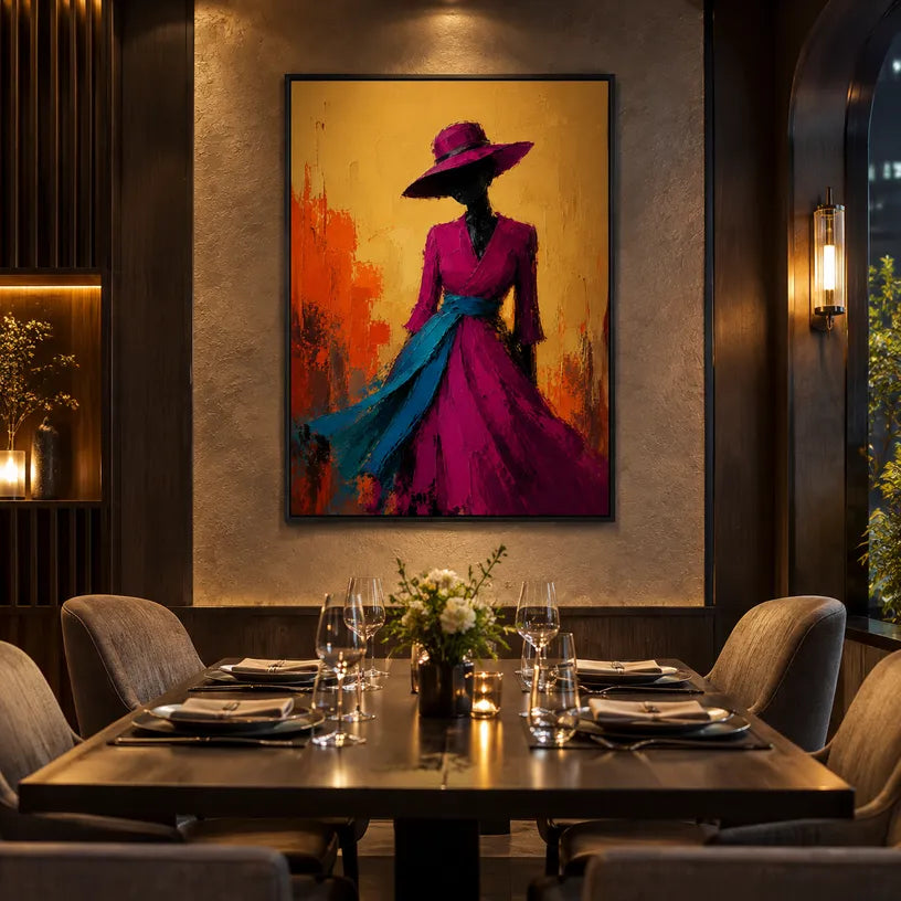 Abstract Expressionist portraiture & figure oil painting showing a stylized figure or portrait with expressive painterly shapes in a orange palette.