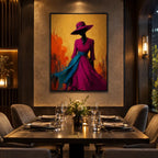 Abstract Expressionist portraiture & figure oil painting showing a stylized figure or portrait with expressive painterly shapes in a orange palette.