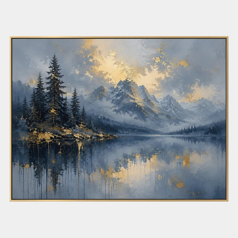 Abstract Expressionist landscapes & seascapes & cityscapes oil painting showing a alpine lake and evergreen landscape in a blue palette, contemporary wall art.