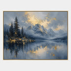 Abstract Expressionist landscapes & seascapes & cityscapes oil painting showing a alpine lake and evergreen landscape in a blue palette, contemporary wall art.