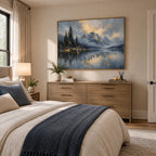 Abstract Expressionist landscapes & seascapes & cityscapes oil painting showing a alpine lake and evergreen landscape in a blue palette, contemporary wall art.