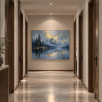 Abstract Expressionist landscapes & seascapes & cityscapes oil painting showing a alpine lake and evergreen landscape in a blue palette, contemporary wall art.